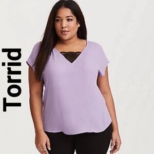 TORRID Purple Short Sleeve Lace Inset Blouse 1